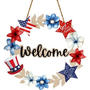 4th of July Decorations Patriotic Wreath Welcome Sign for Front Door Independence Day Decorations Rustic Wooden Red White Blue Wreath Hanging Sign for Farmhouse Porch Indoor Outdoor Home Decor