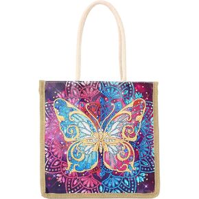 قوس قزح فراشة الماس اللوحة حمل حقيبة، 5D DIY حجر الراين عبر غرزة أكياس التسوق الطلاء حسب عدد الأحجار الكريمة الفن الحرفية اليدوية حقيبة الكتف قماش قابلة لإعادة الاستخدام حقيبة البقالة للنساء الفتيات هدية عيد الميلاد in Kuwait