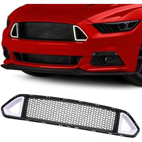 PIT66 Front Bumper Upper Grille with DRL LED Accent Vent Lights, Compatible with 2013-2014 Ford Mustang Honeycomb Mesh (Except Shelby Models) Hood Grill