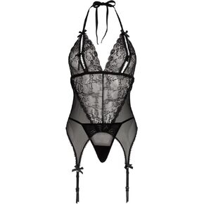 Lovehoney Lingerie Peek-A-Boo Women's Merry Widow Bustier in Lace - Halter Neck & Suspender Straps - Regular to Plus Size