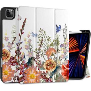 حافظة DONGKE لجهاز iPad Pro 11 بوصة (الجيل الرابع والثالث والثاني والأول) 2022 2021 2020 2018، حامل ثلاثي الطي + حامل أقلام + تنبيه/غفو تلقائي + غطاء خلفي واقٍ ناعم من مادة TPU، زهور