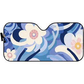 Hippie Wavy Line Flower Print Orange Windshield Sunshade for Car Truck SUV Universal Fit Foldable Funny Auto Sun Shade UV Blocking Easy Install Car Front Window Sun Visor Shield