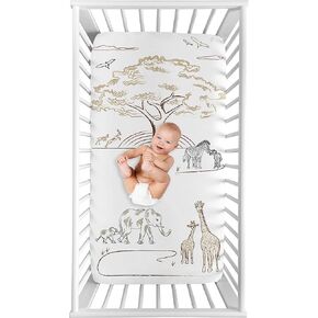 Sweet Jojo Designs Jungle Safari Animals Boy Girl Fitted Crib Sheet Baby Toddler Bed Nursery Photo Op Brown Taupe Black and White Gender Neutral Animal Elephant Giraffe Wildlife Adventure Serengeti