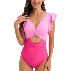 One-Piece Bathing Suit for Women Ruffle Sleeve V Neck Tummy Control Swimwear with Cut Out Design Girls Mom Swimsuit 2024