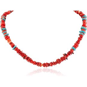 $130Tag Certified Silver Navajo Natural Turquoise Coral Chain Native Necklace 10309 Made by Loma Siiva