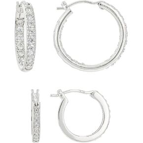 Cubic Zirconia Sterling Silver Hoop Earrings Set of 2 - Stunning Platinum Over Sterling Silver Hoops - Hoop Earring Sets for Women - Faux Diamond Hoops - Summer Jewelry for Women - 12.7MM