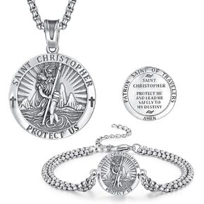 St Christopher Necklace & St Christopher Bracelet Round Saint Christopher Medal Amulet Protection Jewelry Religious Gifts for Men