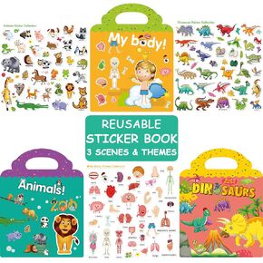 ZAKVOOR 3 Sets Reusable Sticker Books for Kids Toddlers Window Clings Educational Stickers Toy for Christmas Birthday Gifts (Animals +Dinosaurs+ Vehicles)