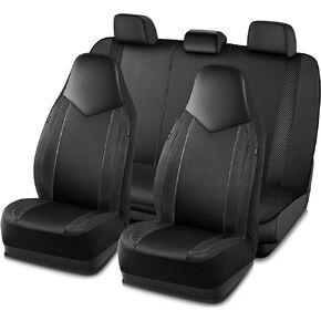 PIC AUTO Leather Car Seat Covers, Sports Carbon Fiber & Mesh Design, High-Back Two Front Set, Waterproof Automotive Seat Covers, Airbag Compatible, Universal Fit for Most Cars (Black & Beige)