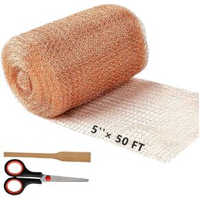Copper Mesh, 5" x 50 ft Copper Mesh Roll for Rodent Control, 100% Pure Copper Wire Mesh Screen with 1 Scissor for Plants, Mice & Rodent Defense, Snail Control, Holes Block