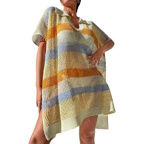 WDIRARA Women's Hollow Out Striped Dolman Sleeve Bikini Dress Cover Up Split Thigh Oversized Cover Up
