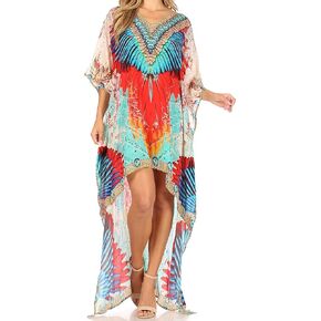 Sakkas Laisson Flowy Hi Low Caftan Rhinestone Boxy V Neck Dress Top Cover/Up