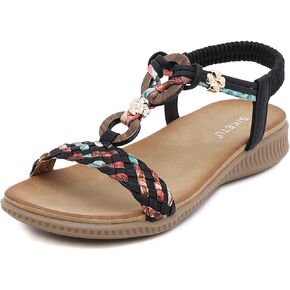 Unifizz Women's Summer Sandals Comfortable T-Strap Flower Beaded Classic Flat Elastic Sandals Dress Shoes for Outdoor Beach Wedding