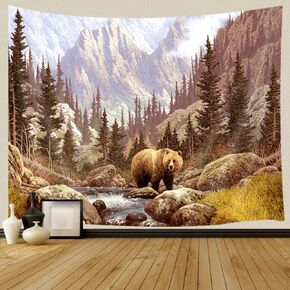 JAWO Bear Tapestry for Men, Wild animal in Mountain Forest Stall Tapestry Wall Hanging for Bedroom, Oil Painting Hippie Aesthetic Tapestry Beach Blanket College Dorm Home Decor (40" W X 60" H)