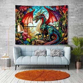 Ine Ive Fantasy Dragon Tapestry Stained Glass Window Wall Tapestry Large Size 40x30Inches Forest Plant Floral Medieval Animals Dragon Tapestry for Bedroom Dorm Home Decor GTOKIE0544