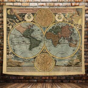 Vintage World Map Tapestry, Antique Old Nautical Map of the World Wall Art, Historical Atlas Geography Retro Wanderlust Pirate Tapestry Wall Hanging for Bedroom Living Room Dorm, 40X30in, Brown Tan