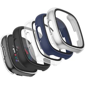 Meliya 4-Pack Screen Protector Tempered Glass Case for Fitbit Sense 2 / Versa 4, Full Around Hard PC Case with Sensitive Touch Film Protective Case (Black+Clear+Navy Blue+Silver)