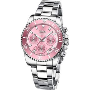 FANMIS Women Elegant Chronograph Rotatable Bezel Mineral Glass Luminous Watch Stainless Steel Waterproof Date Analog Quartz Watch Fashion Business Dress Wrist Watch