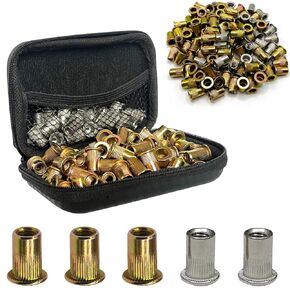 120 Pcs Rivet Nuts with Box, 1/4-20UNC Flat Head Threaded Insert Rivnuts, 30 Pcs Stainless Steel 304 Rivet Nuts and 90 Pcs Carbon Steel Nutserts Kit, 1/4''-20 Knurled Body Rivnuts for DIY Job