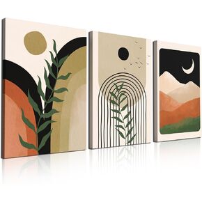 Framed Boho Wall Art Set of 3 Mid Century Modern Wall Decor Minimalist Black Green Neutral Abstract Geometric Plant Sun Canvas Wall Art Prints for Bedroom Living Room Bathroom 12x16in