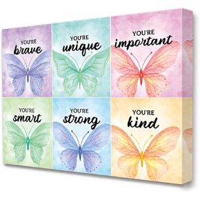 تأكيد الأطفال الملونة فراشة قماش جدار الفن، أنت شجاع ملهم اقتباس قماش مؤطرة عمل فني جداري جاهز للتعليق للأطفال المراهقين الفتيات الحضانة غرفة نوم المنزل جدار ديكور 12 × 15 بوصة in Kuwait