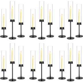 18 Pcs Hurricane Candle Holders Bulk Black Glass Candle Holders Tapered Candlesticks with Glass Chimney Metal Taper Candle Stick Holder for Outdoor Wedding Bridal Shower Table Decor