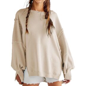 Womens Oversized Crewneck Sweatshirt Trendy Hoodies Teen Girls Loose Fit Side Slit Long Sleeves Shirts Pullover Top