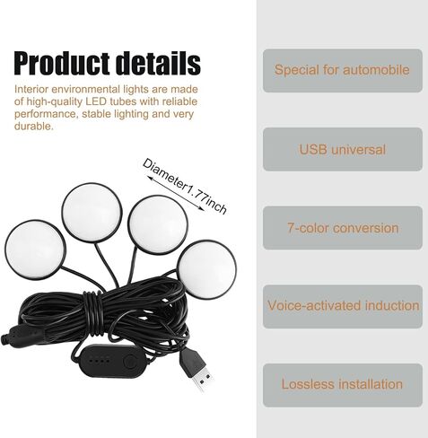 1 قطعة إضاءة محيطة LED للسيارة، واجهات USB واحدة إلى أربع واجهات USB خالية من الأسلاك، أضواء قدم تعمل بالصوت، ملحقات تزيين لتعديل الأجواء الرومانسية، لمعظم الموديلات (أزرق ثلجي) in Saudi Arabia