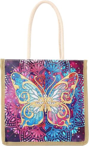 قوس قزح فراشة الماس اللوحة حمل حقيبة، 5D DIY حجر الراين عبر غرزة أكياس التسوق الطلاء حسب عدد الأحجار الكريمة الفن الحرفية اليدوية حقيبة الكتف قماش قابلة لإعادة الاستخدام حقيبة البقالة للنساء الفتيات هدية عيد الميلاد in Kuwait