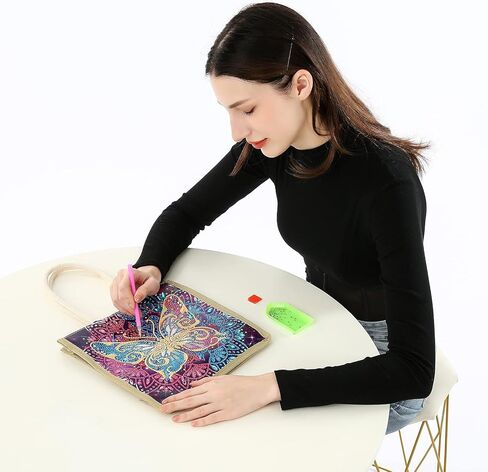 قوس قزح فراشة الماس اللوحة حمل حقيبة، 5D DIY حجر الراين عبر غرزة أكياس التسوق الطلاء حسب عدد الأحجار الكريمة الفن الحرفية اليدوية حقيبة الكتف قماش قابلة لإعادة الاستخدام حقيبة البقالة للنساء الفتيات هدية عيد الميلاد in Kuwait