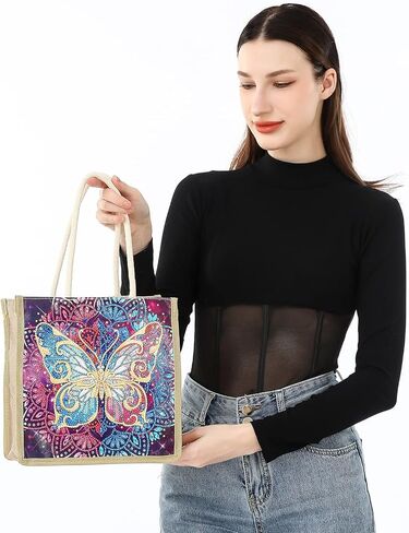 قوس قزح فراشة الماس اللوحة حمل حقيبة، 5D DIY حجر الراين عبر غرزة أكياس التسوق الطلاء حسب عدد الأحجار الكريمة الفن الحرفية اليدوية حقيبة الكتف قماش قابلة لإعادة الاستخدام حقيبة البقالة للنساء الفتيات هدية عيد الميلاد in Kuwait