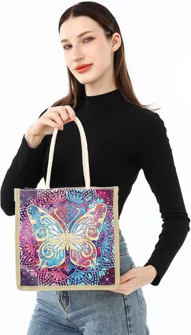 قوس قزح فراشة الماس اللوحة حمل حقيبة، 5D DIY حجر الراين عبر غرزة أكياس التسوق الطلاء حسب عدد الأحجار الكريمة الفن الحرفية اليدوية حقيبة الكتف قماش قابلة لإعادة الاستخدام حقيبة البقالة للنساء الفتيات هدية عيد الميلاد in Kuwait