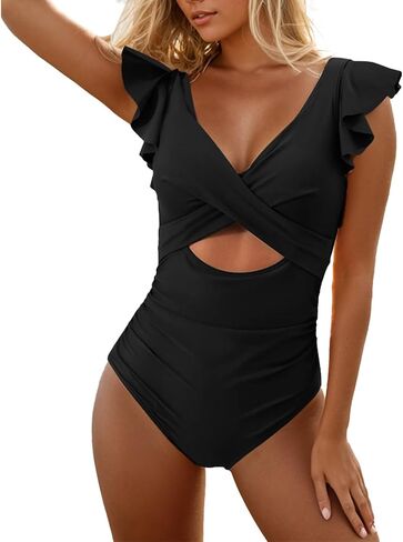 One-Piece Bathing Suit for Women Ruffle Sleeve V Neck Tummy Control Swimwear with Cut Out Design Girls Mom Swimsuit 2024 in Saudi Arabia