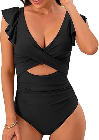One-Piece Bathing Suit for Women Ruffle Sleeve V Neck Tummy Control Swimwear with Cut Out Design Girls Mom Swimsuit 2024 in Saudi Arabia