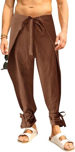 Runcati Mens Cotton Linen Pants Thai Fisherman Wrap Pants Casual Lightweight Beach Yoga Loose Fit Pants Brown in Saudi Arabia
