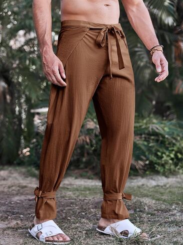 Runcati Mens Cotton Linen Pants Thai Fisherman Wrap Pants Casual Lightweight Beach Yoga Loose Fit Pants Brown in Saudi Arabia