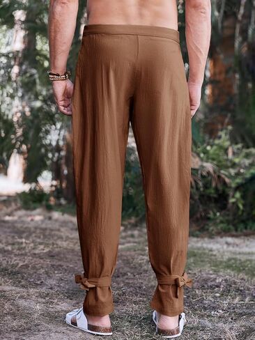 Runcati Mens Cotton Linen Pants Thai Fisherman Wrap Pants Casual Lightweight Beach Yoga Loose Fit Pants Brown in Saudi Arabia