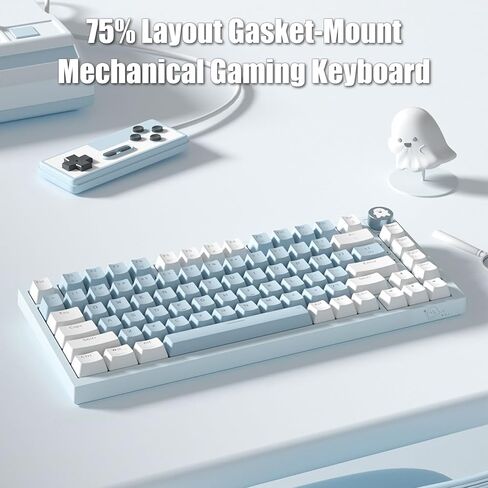 لوحة مفاتيح ميكانيكية للألعاب بنسبة 75% مع مقبض مستوى الصوت RGB قوس قزح LED بإضاءة خلفية مثبتة على TKL 82 مفتاح NKRO قابل للتبديل باللون الأزرق مع كابل USB-C سلكي قابل للفصل لنظام Win/Mac، أزرق/أبيض in Kuwait