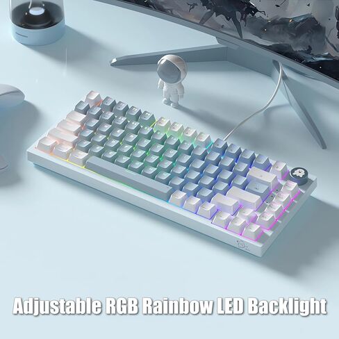 لوحة مفاتيح ميكانيكية للألعاب بنسبة 75% مع مقبض مستوى الصوت RGB قوس قزح LED بإضاءة خلفية مثبتة على TKL 82 مفتاح NKRO قابل للتبديل باللون الأزرق مع كابل USB-C سلكي قابل للفصل لنظام Win/Mac، أزرق/أبيض in Kuwait