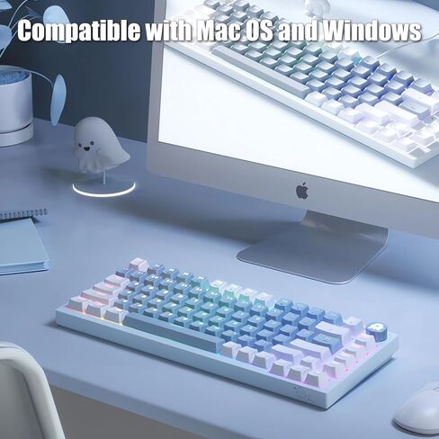 لوحة مفاتيح ميكانيكية للألعاب بنسبة 75% مع مقبض مستوى الصوت RGB قوس قزح LED بإضاءة خلفية مثبتة على TKL 82 مفتاح NKRO قابل للتبديل باللون الأزرق مع كابل USB-C سلكي قابل للفصل لنظام Win/Mac، أزرق/أبيض in Kuwait