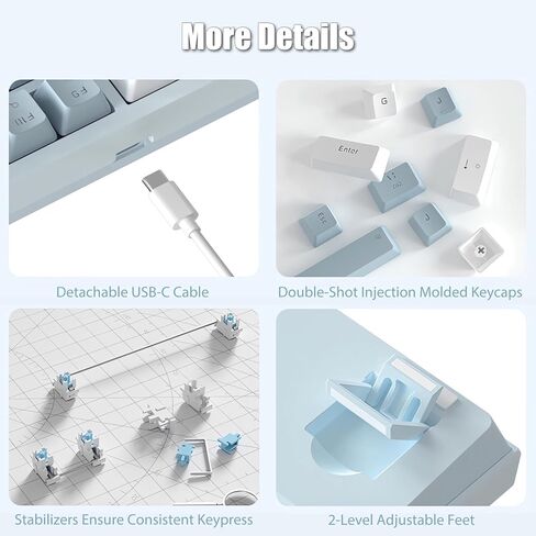 لوحة مفاتيح ميكانيكية للألعاب بنسبة 75% مع مقبض مستوى الصوت RGB قوس قزح LED بإضاءة خلفية مثبتة على TKL 82 مفتاح NKRO قابل للتبديل باللون الأزرق مع كابل USB-C سلكي قابل للفصل لنظام Win/Mac، أزرق/أبيض in Kuwait