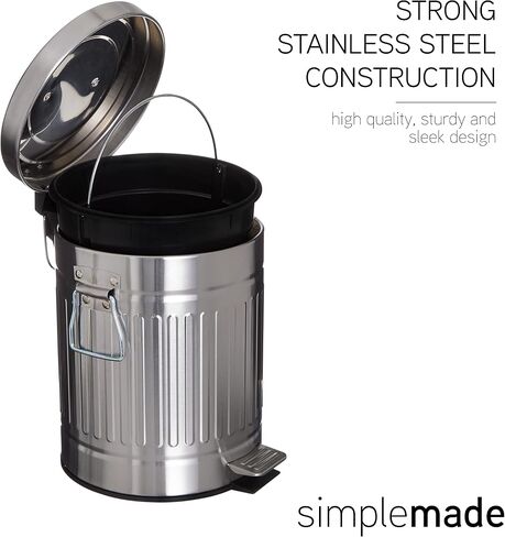 SIMPLEMADE Round Step Trash Can, Stainless Steel with Lid, Small Metal Wastebasket / Garbage Can For Bathroom, Office, Black, 5 Liter / 1.3 Gallon - in Saudi Arabia
