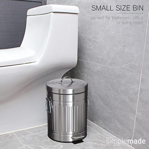 SIMPLEMADE Round Step Trash Can, Stainless Steel with Lid, Small Metal Wastebasket / Garbage Can For Bathroom, Office, Black, 5 Liter / 1.3 Gallon - in Saudi Arabia