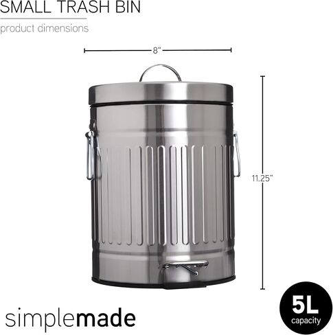 SIMPLEMADE Round Step Trash Can, Stainless Steel with Lid, Small Metal Wastebasket / Garbage Can For Bathroom, Office, Black, 5 Liter / 1.3 Gallon - in Saudi Arabia