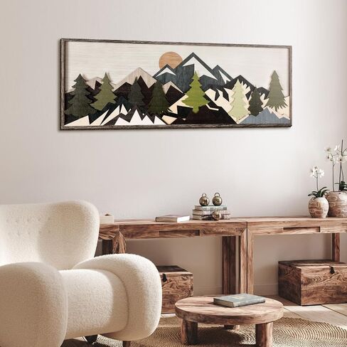 Burbell Mountain Sun Wood Wall Art Minimalist Boho Mountain Sunshine Wall Decor 35'' x 12'' Large Above Bed Wall Decor Panoramic Mountain Sunset Bedroom Decor for Home Living Room Office(Mountain) in Saudi Arabia