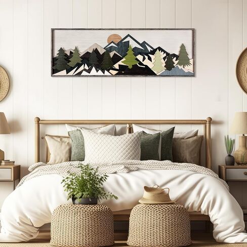 Burbell Mountain Sun Wood Wall Art Minimalist Boho Mountain Sunshine Wall Decor 35'' x 12'' Large Above Bed Wall Decor Panoramic Mountain Sunset Bedroom Decor for Home Living Room Office(Mountain) in Saudi Arabia