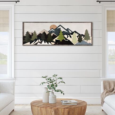 Burbell Mountain Sun Wood Wall Art Minimalist Boho Mountain Sunshine Wall Decor 35'' x 12'' Large Above Bed Wall Decor Panoramic Mountain Sunset Bedroom Decor for Home Living Room Office(Mountain) in Saudi Arabia