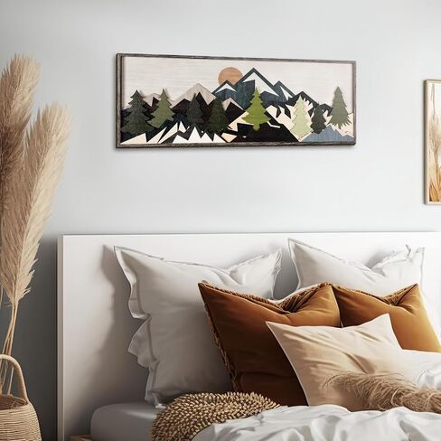 Burbell Mountain Sun Wood Wall Art Minimalist Boho Mountain Sunshine Wall Decor 35'' x 12'' Large Above Bed Wall Decor Panoramic Mountain Sunset Bedroom Decor for Home Living Room Office(Mountain) in Saudi Arabia