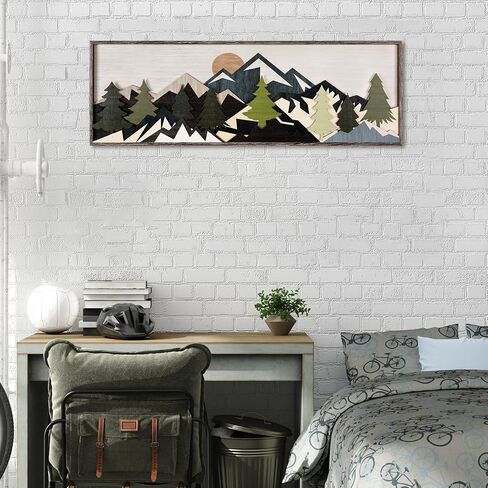 Burbell Mountain Sun Wood Wall Art Minimalist Boho Mountain Sunshine Wall Decor 35'' x 12'' Large Above Bed Wall Decor Panoramic Mountain Sunset Bedroom Decor for Home Living Room Office(Mountain) in Saudi Arabia