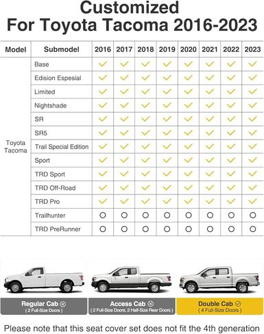 Seat Covers for Toyota Tacoma 2016-2023(Crew/Double Cab Only), Full Covered Faux Leather Seat Protectors Set for Tacoma 2016 2017 2018 2019 2020 2021 2022 2023 Car Accessories, Black in Saudi Arabia
